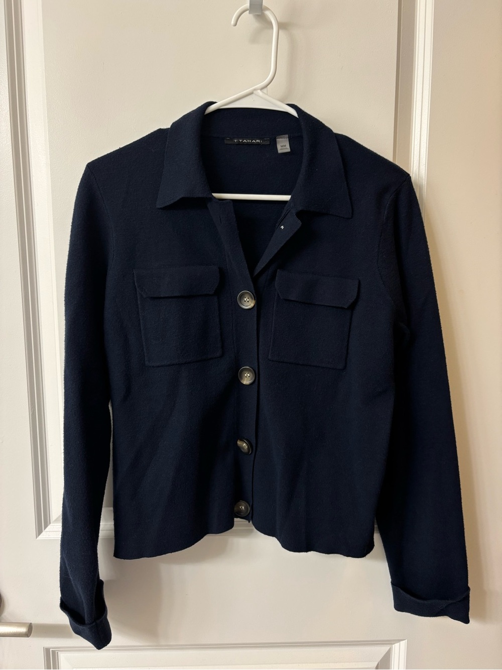 T Tahari Navy Button-Front Women's Jacket Sweater